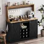 4ever2buy Farmhouse Coffee Bar Cabinet with Storage, 47'' Buffet Cabinet with Hutch and Sliding Barn Door, Coffee Bar with 9 Wine Racks and 6 Hooks for Dining Room, Living Room, Black