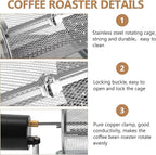 Coffee Roaster Machine for Home Use, Stainless Steel 14W Electric Coffee Roaster Machine with Tray, Speed Adjust, Auto-matic Nuts Coffee Bean Roaster Drum for Homes, Cafes, Hotels Silver