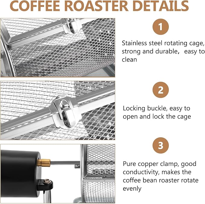 Coffee Roaster Machine for Home Use, Stainless Steel 14W Electric Coffee Roaster Machine with Tray, Speed Adjust, Auto-matic Nuts Coffee Bean Roaster Drum for Homes, Cafes, Hotels Silver