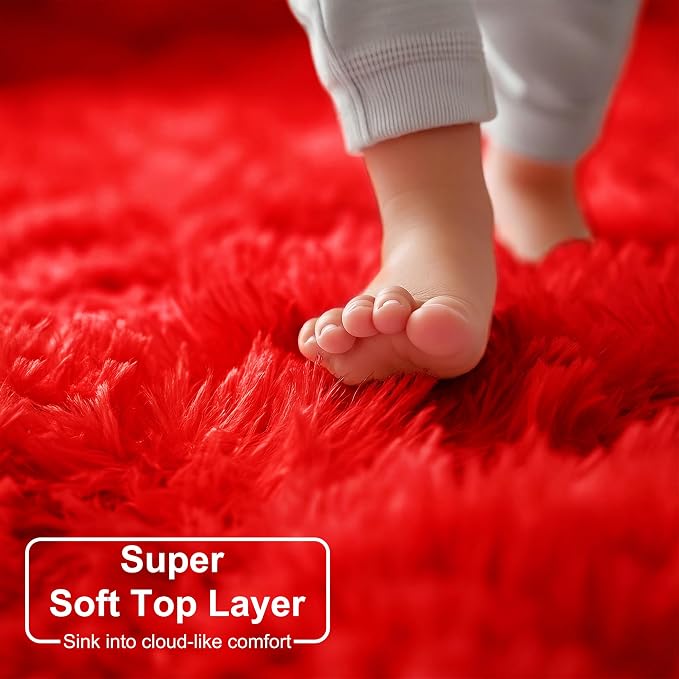 Amdrebio Red Fluffy Plush Large Round Area Rug 7Ft - Image 2