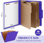 48 Pcs Classification Folders Letter Size, Back to School Supply for Teacher, Student, 3 Dividers Pressboard File Folder Bulk with 2 Fasteners, 3.5 Inch Expanding File Organizer (Purple)