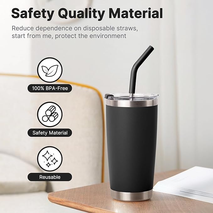 Metal Straws for 20 oz YETI, Stanley Cup, 5 Pcs Stainless Steel Straws with Silicone Tip for Simple Modern CIVAGO, ALBOR, BJPKPK 20 oz Tumbler, Cleaning Brush, 1 Portable Bag