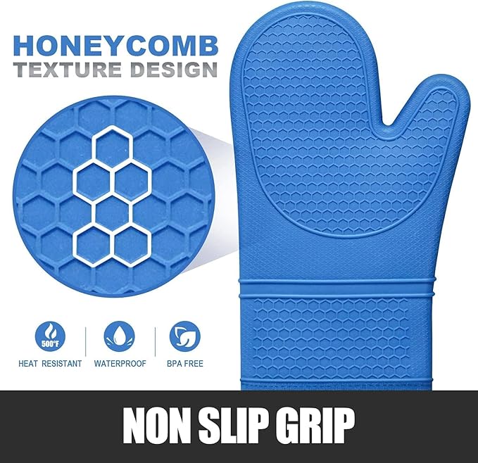 Rorecay Extra Long Oven Mitts and Pot Holders Sets: Heat Resistant Silicone Oven Mittens with Mini Oven Gloves Hot Pads Potholders for Kitchen Baking Cooking, Quilted Liner, Pack of 6 (Lake Blue)