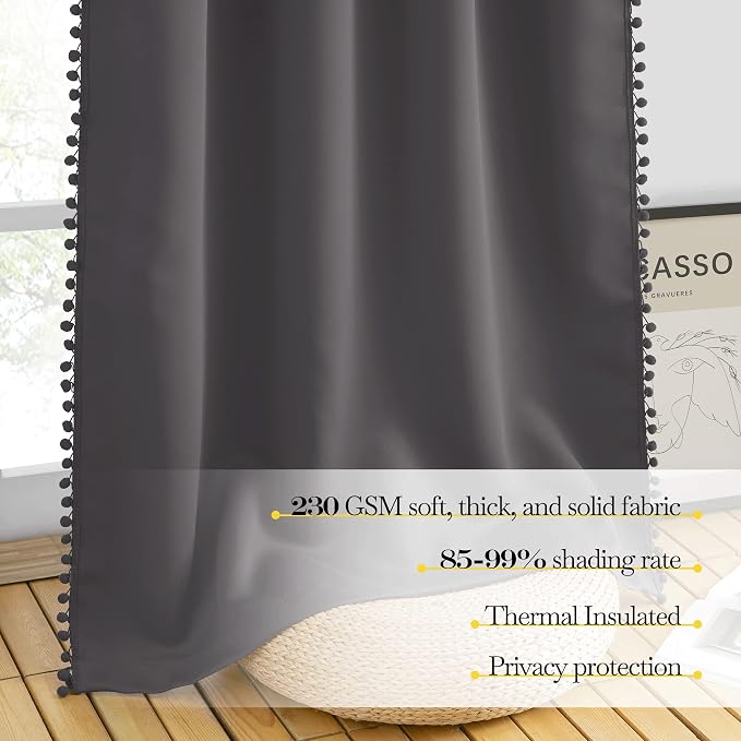NICETOWN 2 Panels Blackout Curtains, Rod Pocket Pompoms Curtains 84 inches - Image 5