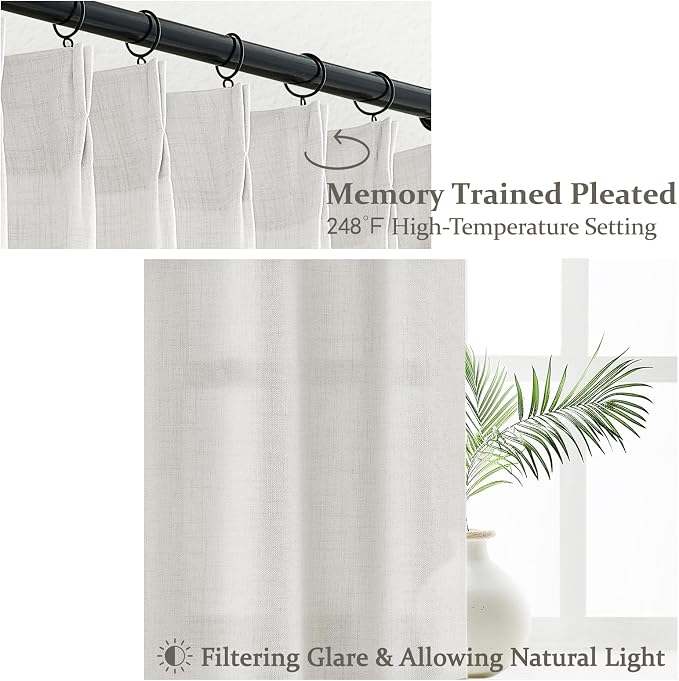 Linen Sheer Curtains 108 Inches Long 2 Panels, Natural Beige White Floor to - Image 3