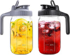 Mason Jar Pitcher, 32 OZ 2 Pack Glass Pitcher with Lid Double Leak-proof with Handle Water Jug Wide Mouth Breast Milk Pitcher Fridge Container for Water, Juice, Iced Coffee, Tea, Juice - Black+Grey