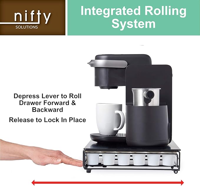 Nifty Rolling Coffee Pod Drawer – Tempered Glass, Black, Compatible with K-Cups, 36 Pod Pack Holder, Compact Under Coffee Pot Storage Drawer, Slim Home Kitchen Counter Organizer