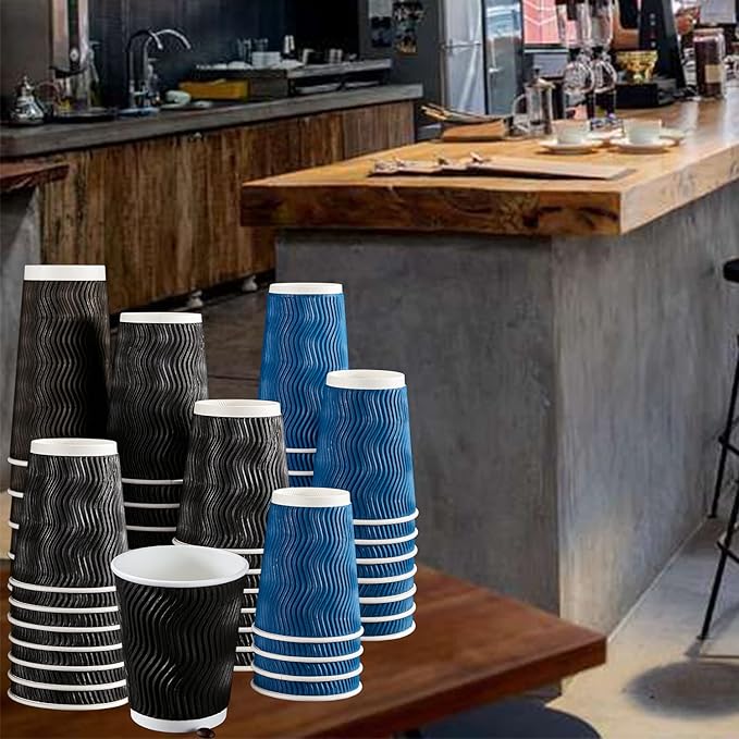 Lamosi 8 oz Disposable Coffee Cups - 120 Pack, Insulated Corrugated Paper Cups, Kraft Ripple Wall Cups for Hot Beverage or Cold Drinks (Black)