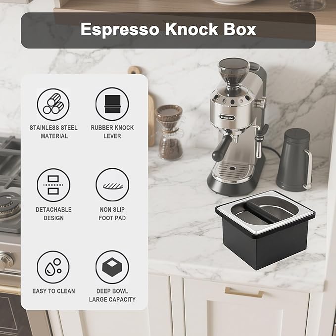 Espresso Knock Box, Coffee Knock Box for Espresso Grounds Disposal, Large Capacity, Equipped with Noise, Reduction Rubber Ring & Steel Holder, Ideal Tool for Espresso Machines, Black (Small)