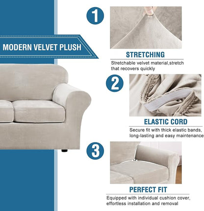 H.VERSAILTEX Velvet 4 Piece High Stretch Sofa Slipcover Cover Furniture - Image 3