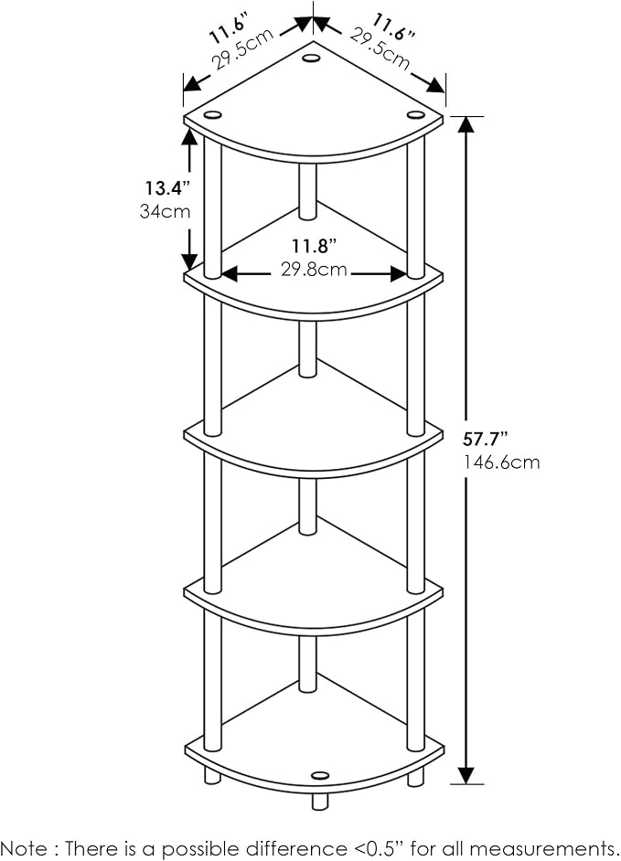 Furinno TURN-N-TUBE Corner Shelf Set of 2, 5-Tier Corner Bookshelf, Open - Image 2