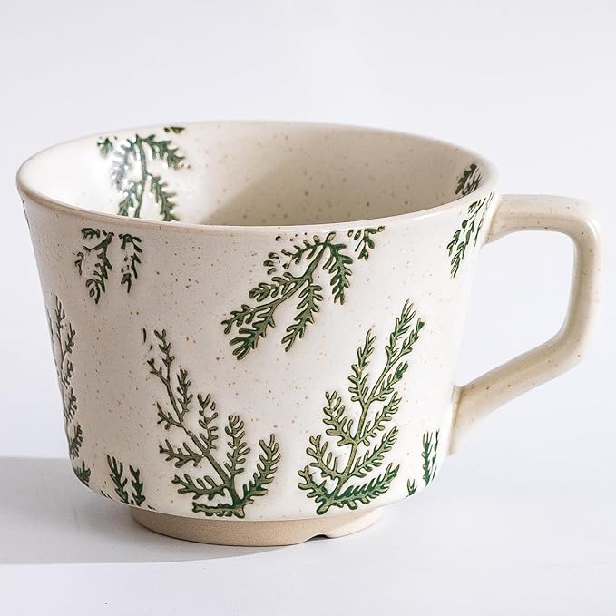 Ceramic Mug Set of 1 With Gold Spoon, 11oz - Vintage Coffee Mug, Pottery Cups for Milk, Latte, Cappuccino, Tea - Porcelain Dishwasher, Microwave Safe Stoneware Green Leaf