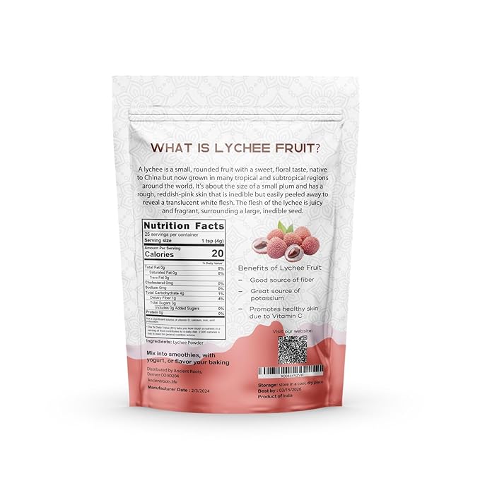 Ancient Roots Freeze-Dried Lychee Fruit Powder – 100% Organic, All-Natural Food Coloring, Rich in Antioxidants, No Added Sugar or Preservatives, 25 Servings (3.5 oz)