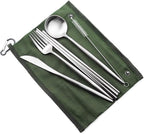 Gugrida Reusable Travel Utensils, 7 Pieces Portable 18/10 Stainless Steel include Knife Fork Spoon Chopsticks Cleaning Brush Straws Portable Pouch, Eco-friendly Camping Silverware Set, Dishwasher Safe