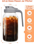 64oz Large Mason Jar Pitcher with Lid,2 Quart Airtight Glass Tea Pitchers for Fridge, Leak-Proof Coffee Dispenser,Heavy Duty Water Container for Cold Brew Juice,Breastmilk Storage-(Black+Green+Yellow)