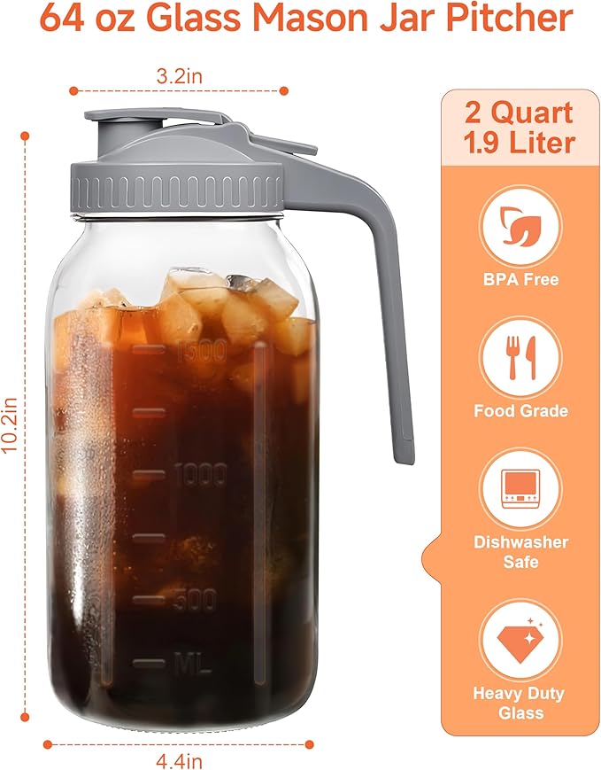 64oz Large Mason Jar Pitcher with Lid, 2 Quart Glass Tea Pitchers for Fridge, Leak-proof Coffee Dispenser,Heavy Duty Water Container for Sun Tea,Cold Brew Juice,Breastmilk Storage(Black+Gray+Pink）