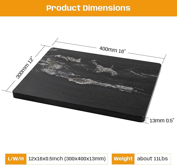 Natural Black Marble Pastry and Cutting Board, 12x16x0.7 Inch, Heavy for Dough Chocolate, Pack of 1