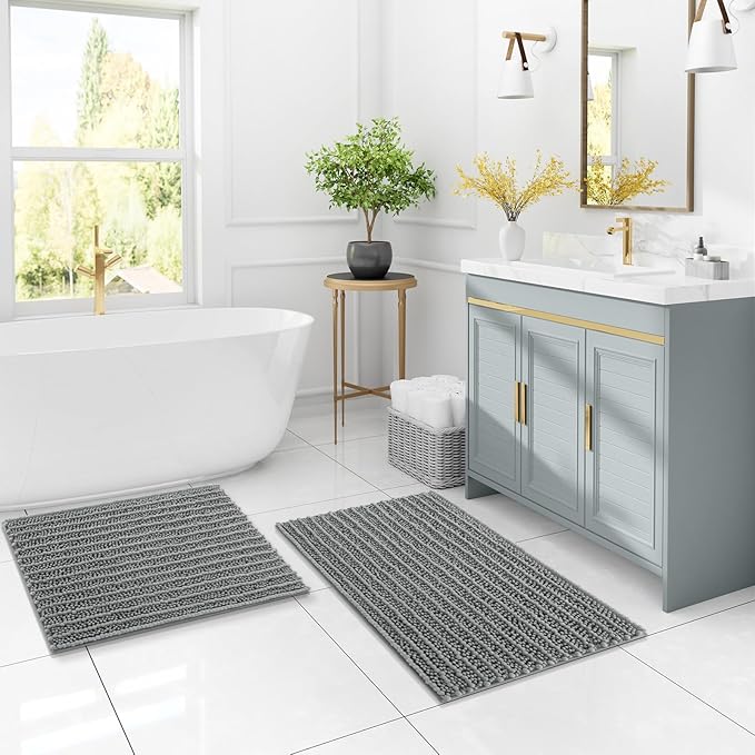 Arotive Luxury Chenille Bathroom Rug Mat, Extra Soft Thick Absorbent Shaggy Bath Rugs, Non-Slip Machine Wash Dry, Plush Bath Mats for Bathroom, Shower and Tub, 36x24, Grey
