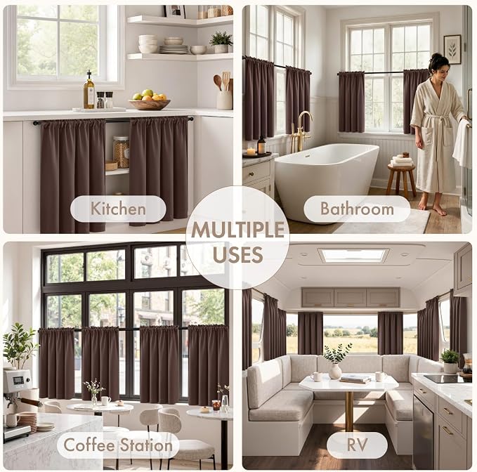 MIULEE Set of 4 Dark Brown 45 Inch Short Blackout Kitchen Window Curtains | - Image 5