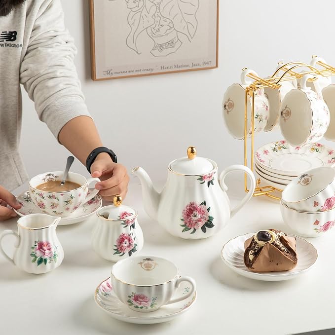 Porcelain Tea Sets British Royal Series, 8 OZ Cups & Saucer Service for 6, with Teapot Sugar Bowl Cream Pitcher Teaspoons and Tea Strainer, Suitable for High Tea, Wedding, Party