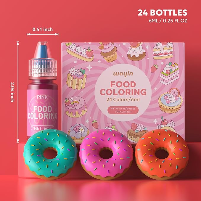 Food Coloring for Baking-24 Color Food Grade Vibrant Cake Coloring Liquid Set for Cake Decorating, Baking, Cookies, Easter Egg, Making DIY Supplies Kit- 0.25 Fl. oz (6 ml)/Bottles