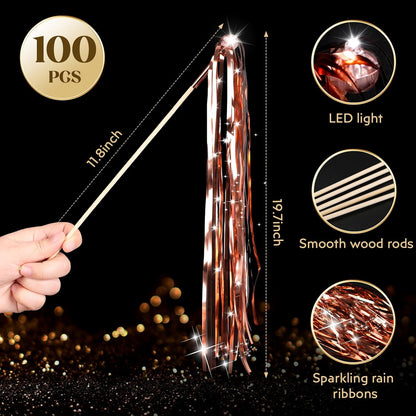 100 pcs Wedding Wands Light up with LED Tinsel Wedding Streamers for Wedding Send off and Greeting Ideal Props for Weddings, Birthday Parties, Christmas Cheerleading Games (Rose Gold)