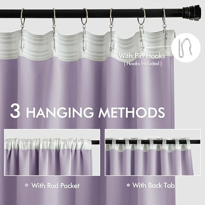 MIULEE Lilac Back Tab Blackout Curtains 52x96 Inch Long 2 Panels Set | Rod - Image 3