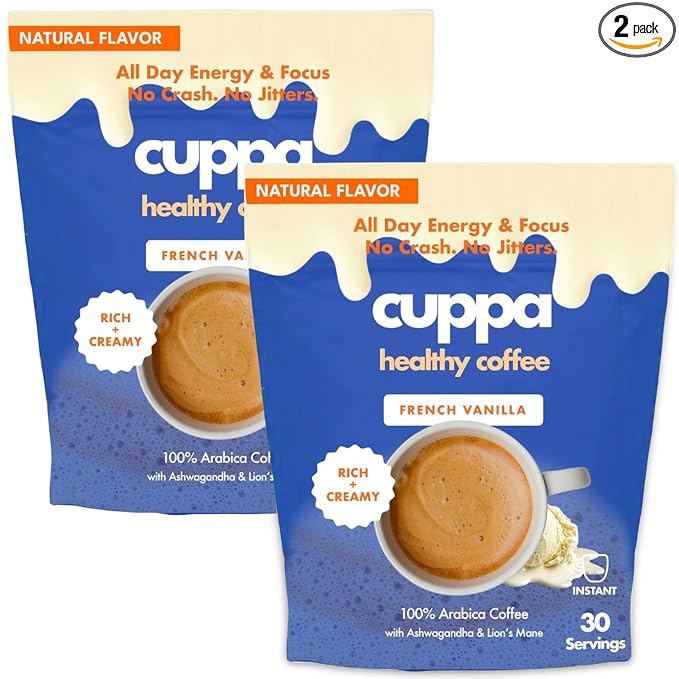 Cuppa French VanillaHealthy Mushroom Instant Coffee with Lion's Mane & Ashwagandha for All Day Energy & Focus - No Crash or Jitters - Nootropics for Brain Health, Gut Health, Immunity, Stress, Memory + Mood - 60 Servings