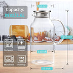 2.6 Liter 88 oz Glass Pitcher with Lid and Spout, Glass Water Carafe for Hot/Cold Water, Iced Tea Pitcher, Large Pitcher for Coffee, Juice and Homemade Beverage