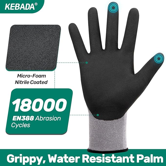 Kebada W2 Work Gloves for Men and Women, Nitrile Coated Working Gloves for Gardening, Construction, Warehouse, Safety Gloves for Work in Yard and Outdoors, 6 Pairs, XS