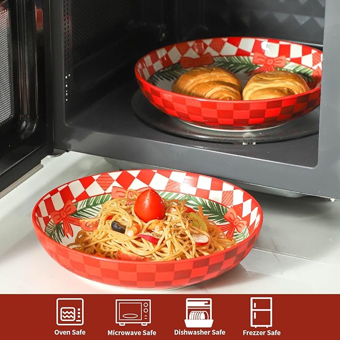 HASENSE Pasta Bowls Set of 4, 42 Ounce Ceramic Salad Serving Bowl for Kitchen,9.7 Inch Large Shallow Bowls for Pasta Soup Salad Dinners,Holiday Gatherings,Christmas, Dishwasher & Microwave Safe