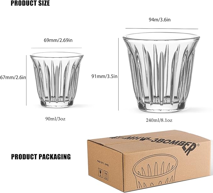 MHW-3BOMBER Shot Glasses Set of 6 Small Glass Cups 3OZ Latte Glasses for Espresso, Whiskey, Vodka, Spirits & Liquors G6190-0S