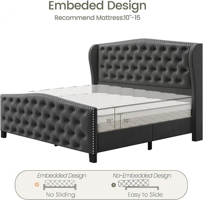 LARMACE Queen Size Bed Frame Velvet Upholstered Platform Bed - Image 8