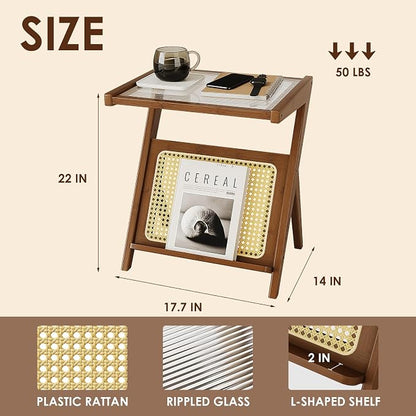Bamworld Rattan Side Table Boho NightStand Mid Century Modern End Table Glass - Image 2