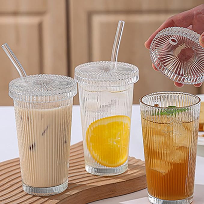 13oz Clear Iced Coffee Cups with Lids, Clear Glass Tumbler with Straw & Lid, Ribbed Glassware Cups, Dishwasher Safe Drinking Glasses, Stylish Glass Cups for Coffee, Juice, Tea, Matcha