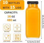 CUCUMI 10pcs 16oz Glass Juice Bottles with Lids, Reusable Juice Containers Drinking Jars Water Cups with Brush, Glass Straws, Lids with Hole