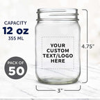 DISCOUNT PROMOS Custom Decorating Mason Jars 12 oz. Set of 50, Personalized Bulk Pack - Glass Jars for Overnight Oats, Candies, Fruits, Pickles, Spices, Beverages - Clear