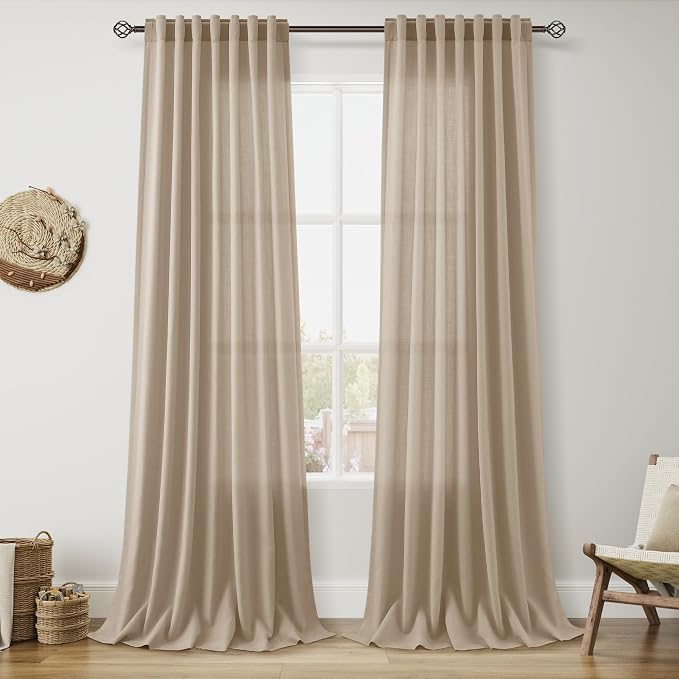 Sepia Beige Linen Curtains 90 Inches Long by Nanspring