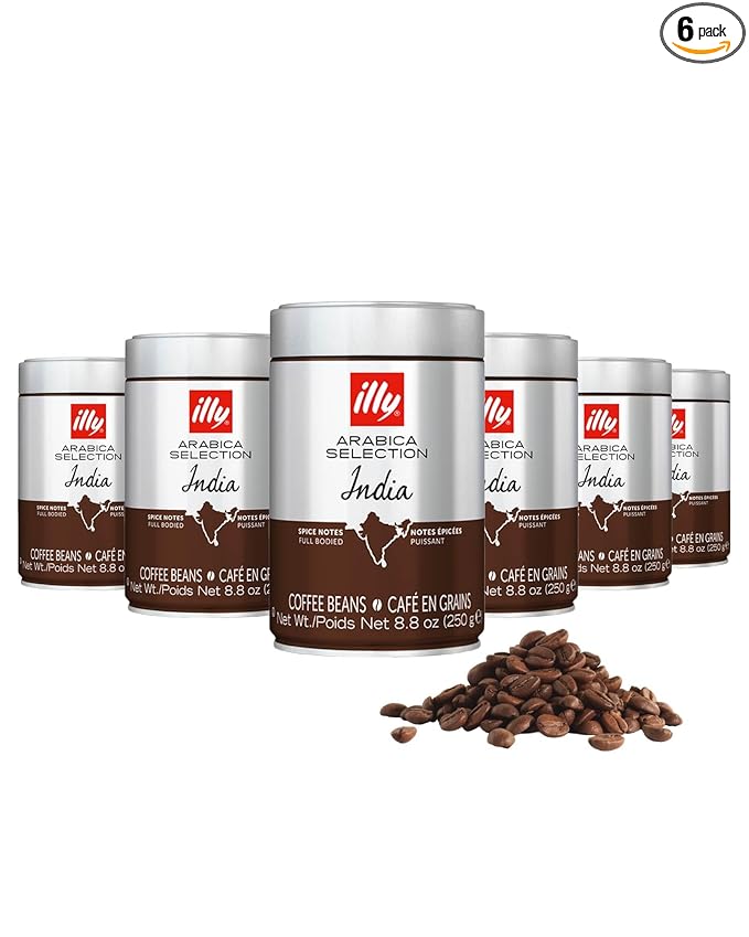 Illy Whole Bean Coffee, India Dark Roast - Notes of Black Pepper and Extra-Dark Chocolate - 100% Arabica - Whole Beans - Pressurized Packaging Sealed for Freshness - 8.8oz can (Pack of 6)