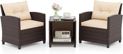 HAPPYGRILL 3 Pieces Patio Conversation Set, Outdoor Rattan Wicker Chairs & by HAPPYGRILL