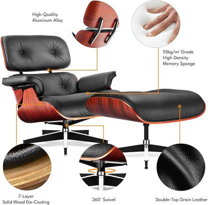 Top Black Grain Leather, Mid Century Chaise Lounge Chair and Ottoman, Modern - Image 5