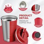 Volhoply 13 oz Stainless Steel Insulated Travel Coffee Mug with Fip Lid Bulk 4 Pack,Reusable Double Wall Vacuum Metal Coffee Cup,Portable Leak Proof Thermal Tumbler for Hot & Cold Drinks(Red,4)