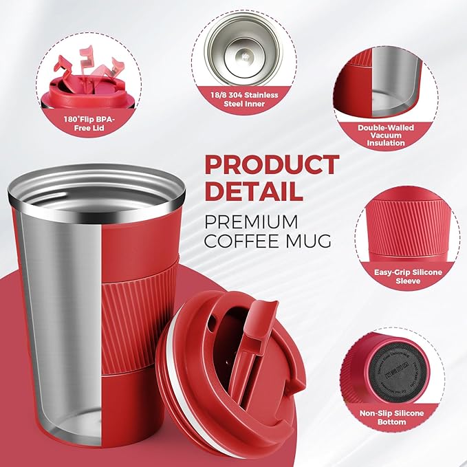 Volhoply 13 oz Stainless Steel Insulated Travel Coffee Mug with Fip Lid,Reusable Double Wall Vacuum Metal Coffee Cup,Portable to Go Leak Proof Cafe Thermal Tumbler for Hot & Cold Drinks(Red,1)