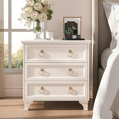 JOINICE White Night Stand with Charging Station, Modern Nightstand with 3 - Image 3