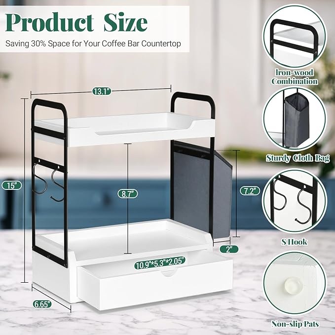 Coffee Station Organizer for Counter, Condiment Storage Caddy for Kitchen with Hooks and Bag,2 Tier Wooden Shelf for Coffee Bar Accessories,Coffee Bar Organizer for Kitchen, Home, Office-Brown