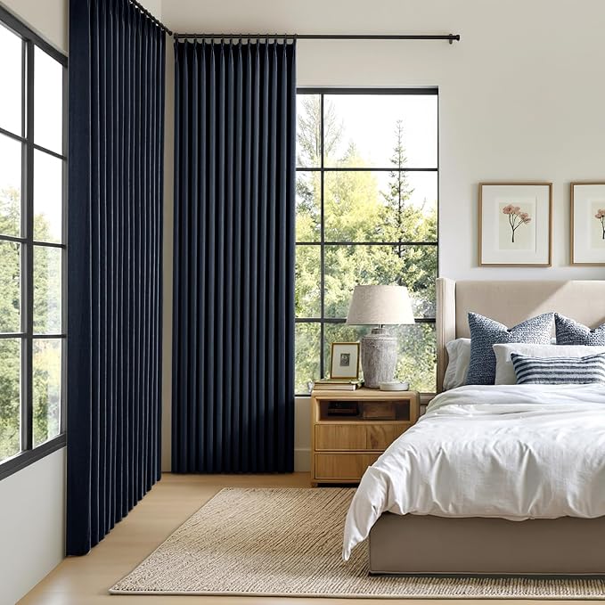 MIULEE Navy Blue Pinch Pleated 100% Blackout Linen Curtains 40x84 Inches | Room - Image 2