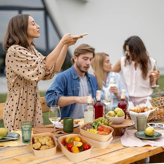 50 Sets 17oz Disposable Kraft Paper Bowls with Lids, Rectangle Paper Food Containers with Lids, Salad Bowls for Hot/Cold Food, Soup, Meal Prep, Ice Cream, Takeout, Party Supplies(500ml)