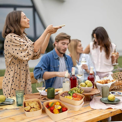 50 Sets 17oz Disposable Kraft Paper Bowls with Lids, Rectangle Paper Food Containers with Lids, Salad Bowls for Hot/Cold Food, Soup, Meal Prep, Ice Cream, Takeout, Party Supplies(500ml)