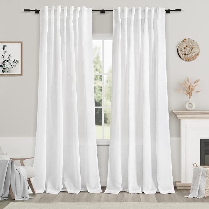 White Semi Sheer Linen Curtains 92 inch Length by Nanspring