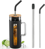 Kodrine Tumbler with Lid and Straw, 20 oz Glass Coffee Tumbler with Handle, Smoothie Cup with Bamboo Lid | Time Marker | Silicone Protective Sleeve, BPA Free - Black
